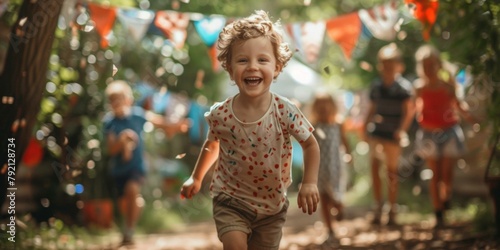 Joyful toddler running at lively Independence Day picnic with family and friends, surrounded by festive banners in lush park background.