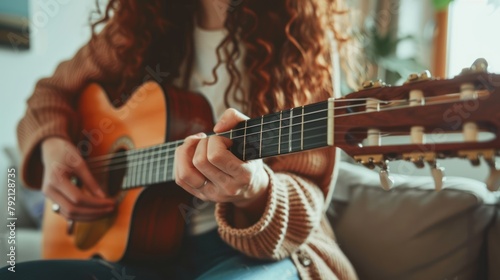 Cropped portrait a curly young woman guitarist enjoy playing guitar in home. AI generated image photo