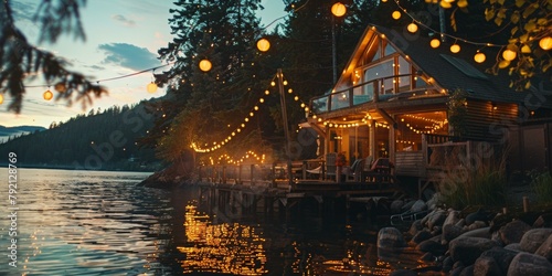Joyful Independence Day celebration at lakeside cabin, enjoying evening under twinkling lights, vibrant reflections in water, perfect for festive gatherings. photo