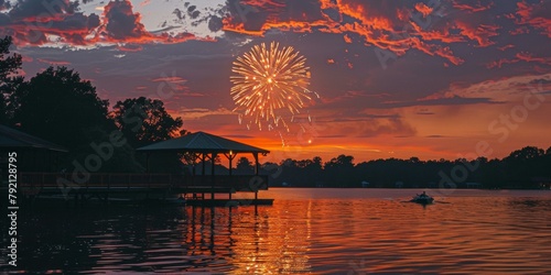 Vibrant Independence Day celebration with fireworks above lake, colorful sunset sky, dock, and single boat, conveying festive Fourth of July mood.