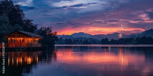 Vibrant Independence Day celebration with fireworks over tranquil lake near illuminated cabin during sunset, reflecting rich hues of blue and orange. Copy space.