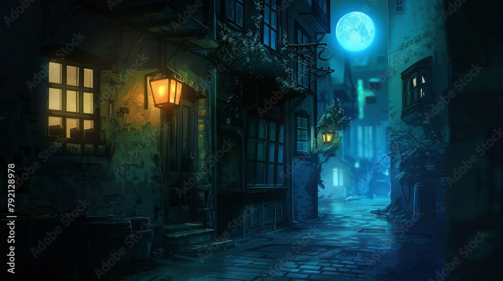 Dark alley illuminated by a street lamp Dark alley illuminated by a street lamp