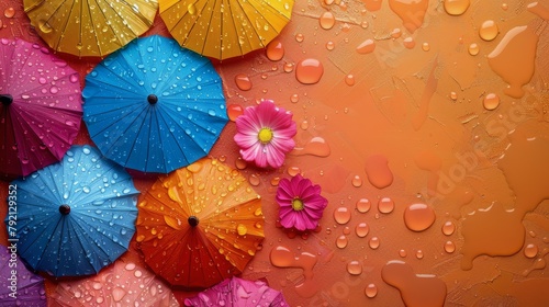 Row of Colorful Umbrellas Hanging on Red Wall