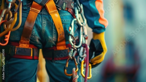 Close up a worker full equipment fall arrest device safety belt hooks. AI generated image