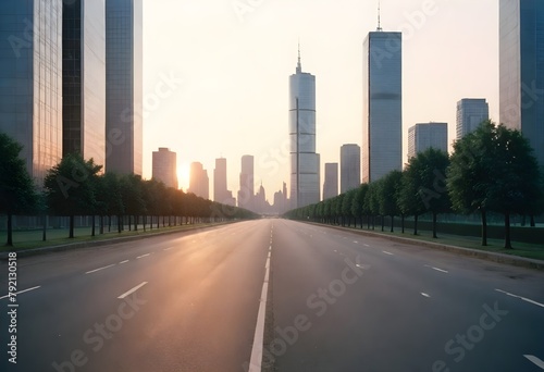 Empty road leading towards a city skyline at sunset  with tall skyscrapers and buildings in the background
