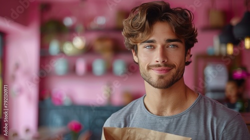 Man Holding Bag of Food in Kitchen