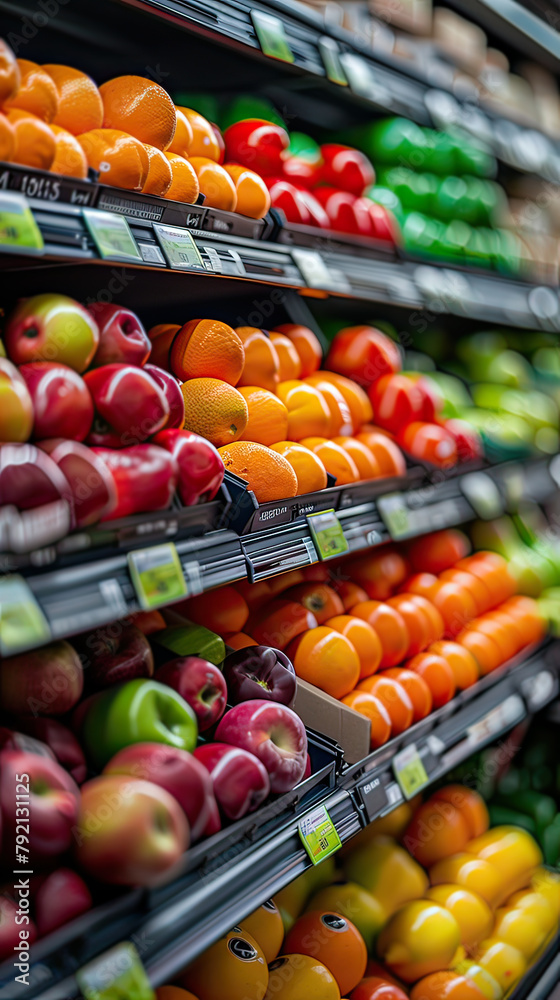 A fruit and vegetable section in a grocery store, no people. Generative AI.