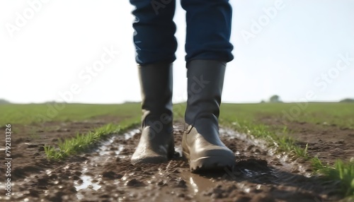 A person wearing boots walking through a muddy field © nizar
