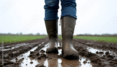 A person wearing boots walking through a muddy field