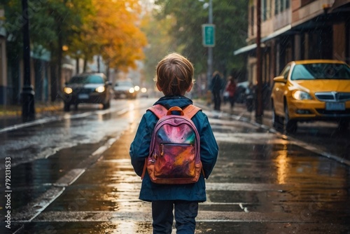 Back view of a child returning from school