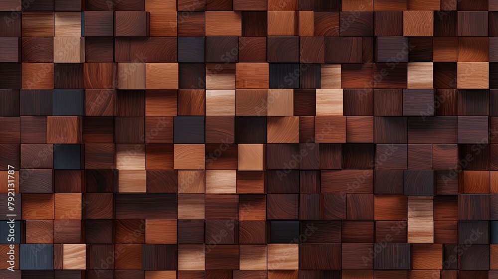 An abstract image of a wooden mosaic wall consisting of an array of colored cubes. Seamless backdrop. Generative AI An abstract image of a wooden mosaic wall consisting of an array of colored cubes. Seamless backdrop. Generative AI