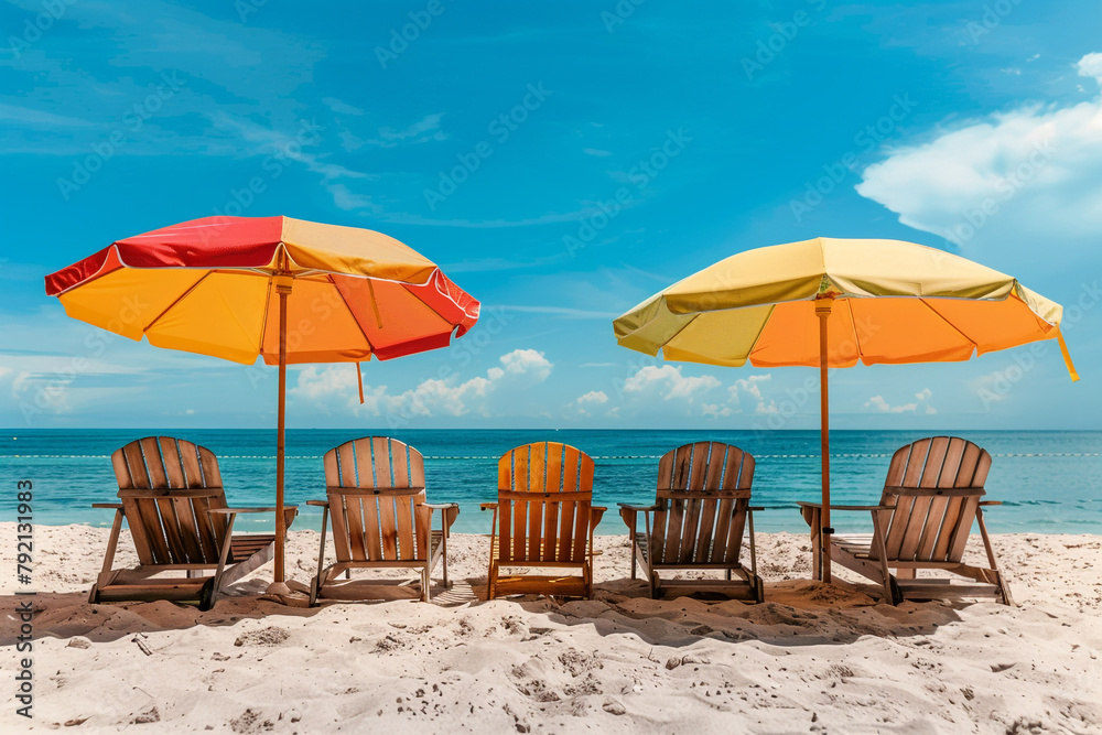 Wooden beach chairs under colorful umbrellas, inviting relaxation