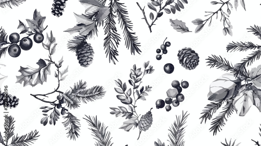 Monochrome seamless pattern with parts of winter plant