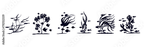 Set of silhouettes of schools of fish in seaweed.Vector graphics.