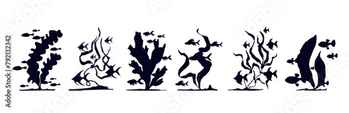 Set of silhouettes of schools of fish in seaweed.Vector graphics. photo