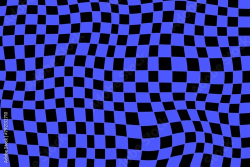 Psychedelic acid background. Surreal modern geometric shapes, abstract print, and checkered pattern. Groovy background in the trendy style of Y2K, the 90s. Wavy checkerboard. Blue and black colors