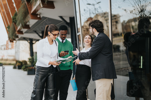 Diverse group of business associates discuss strategies for marketing and profit growth while standing outside an office building.