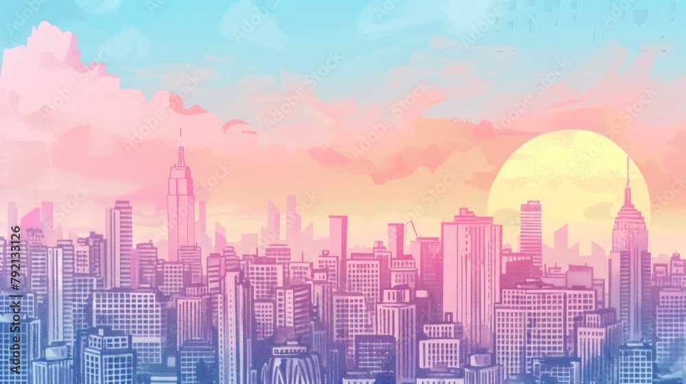 Illustration hand drawn cityscape cartoon on pastel color background. AI generated image