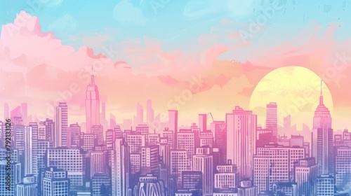 Illustration hand drawn cityscape cartoon on pastel color background. AI generated image photo
