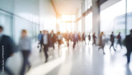 Blurred image of people walking in a busy office, with sunlight streaming through the windows
