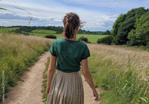Woman Walking Down Dirt Road in Field