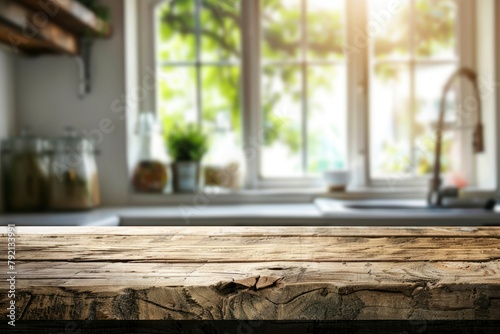 Wooden texture table top on blurred kitchen window background - generative ai © Nia™