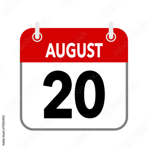 20 August, calendar date icon on white background.
