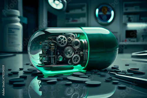 a small steampunk gear machine inside of a see-through medicinal gelatin capsule, the mood is set with a subtle neon green hue, a doctor's office in the background