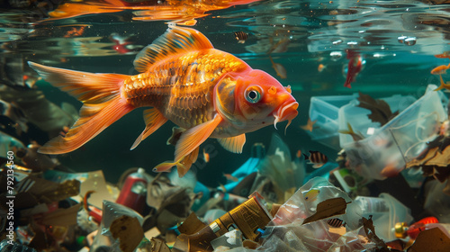 A large fish swims among a pile of garbage in dirty water