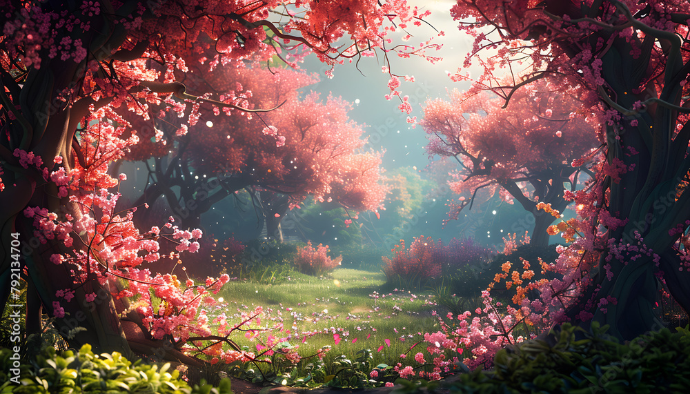 Beautiful enchanted landscape with spring blooming trees and magical meadow, suitable for fantasy-themed designs and fairy tale storytelling. Beautiful enchanted landscape with spring blooming trees and magical meadow, suitable for fantasy-themed designs and fairy tale storytelling.