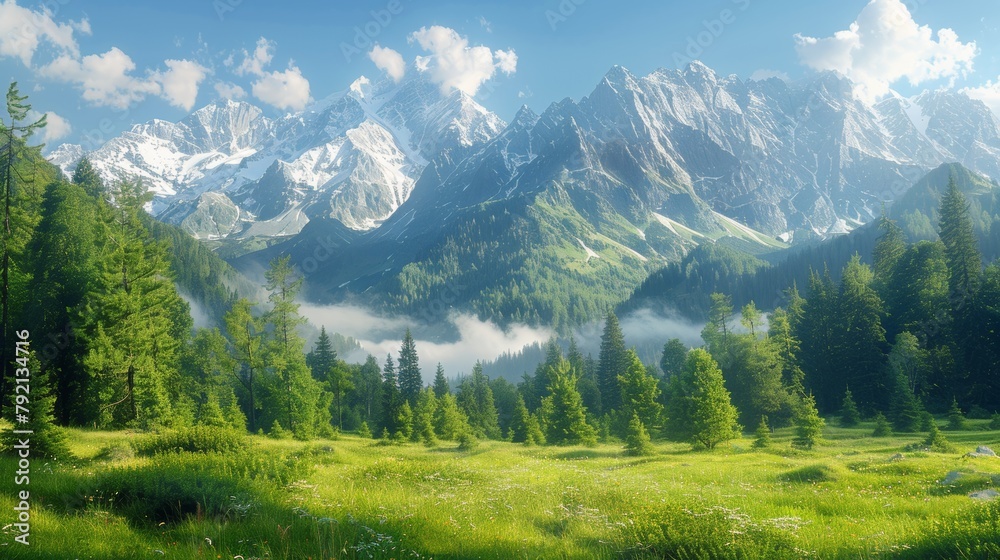 Obraz premium Mountain Range Painting With Trees and Grass