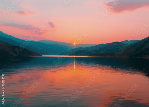 Sunset Over Lake With Mountains in Background
