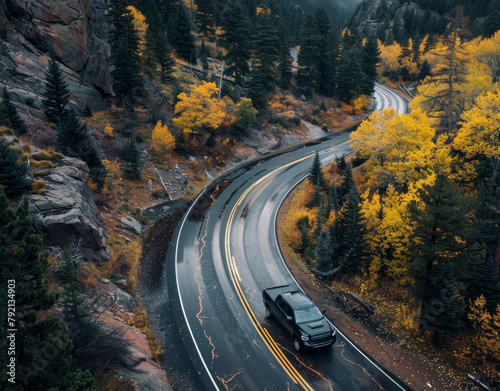 Car Driving Down Road Surrounded by Trees