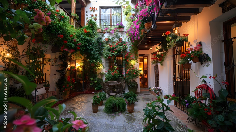 Flowers Decoration of Vintage Courtyard, typical house in Cordoba - Spain, European travel
