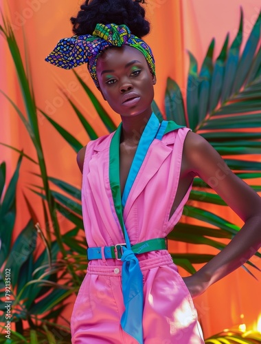 Woman in Pink Jumpsuit With Blue Bow