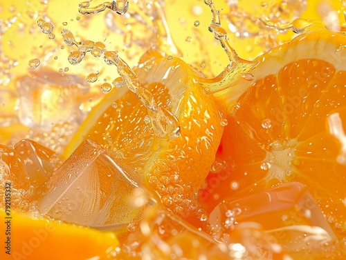 Extreme close-up of orange juice with ice cubes and sliced oranges. Splashes of orange juice on an orange background with drops of sparkling water. © Vagner Castro