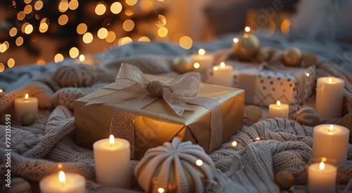 Wrapped Present on Bed Next to Lit Candles