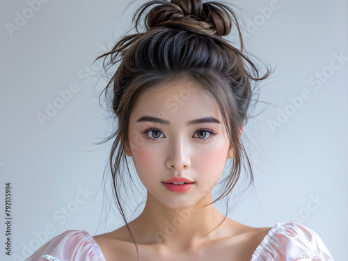 Dreamy Messy Bun Hairstyle for Young Women, Pastel Beauty Messy Bun Hairdo, Effortless Charm Young Lady's Messy Bun Style, Stunning Messy Bun Beauty in Pastel Background