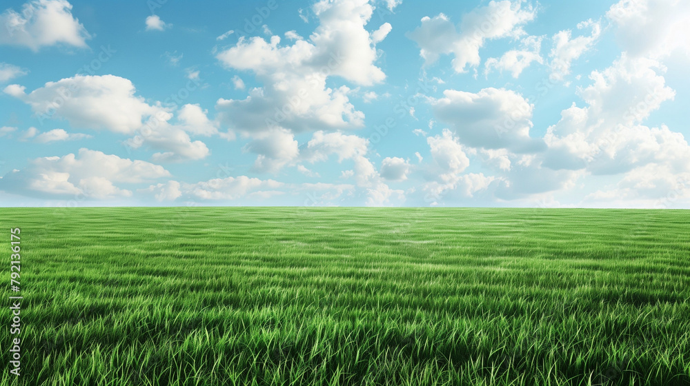 A green field with a sky and clouds in the background