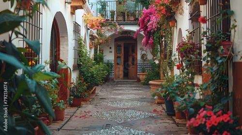 Flowers Decoration of Vintage Courtyard, typical house in Cordoba - Spain, European travel 