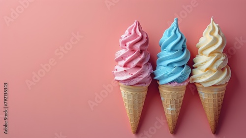Three Ice Cream Cones on Pink Background