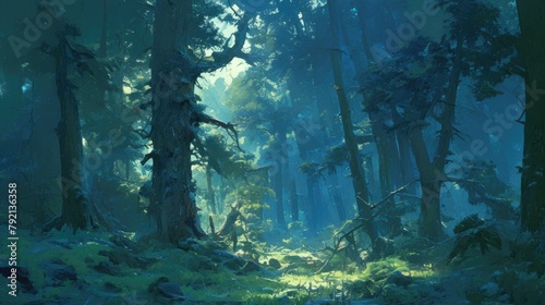 The dense fir forest exuded a sense of mystery and tranquility photo