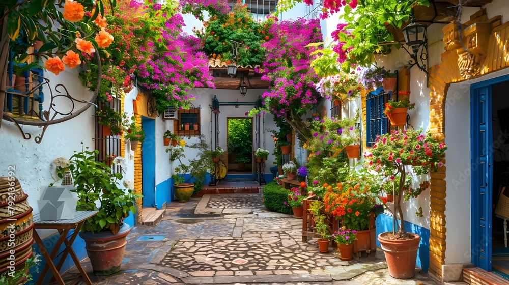 Flowers Decoration of Vintage Courtyard, typical house in Cordoba - Spain, European travel

