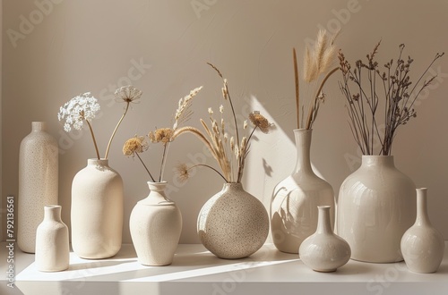 Group of White Vases on Table