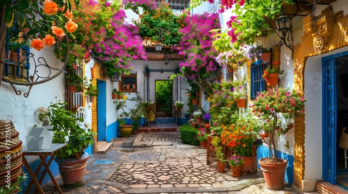 Flowers Decoration of Vintage Courtyard, typical house in Cordoba - Spain, European travel  © Ziyan