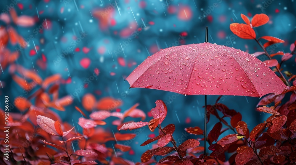 Pink Umbrella in Rain With Red Leaves