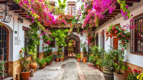 Flowers Decoration of Vintage Courtyard  typical house in Cordoba - Spain  European travel 