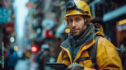 Man in Yellow Jacket Looking at Cell Phone