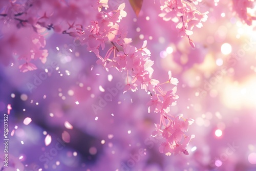 Cute anime style, pink and purple pastel color background, blurred cherry blossoms falling in the air Generative AI