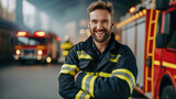 Handsome bearded man smiling happily while wearing a firefighter uniform